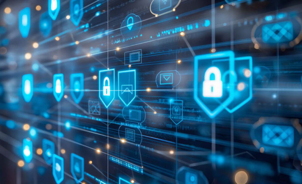 Monitor with high tech security lock icons