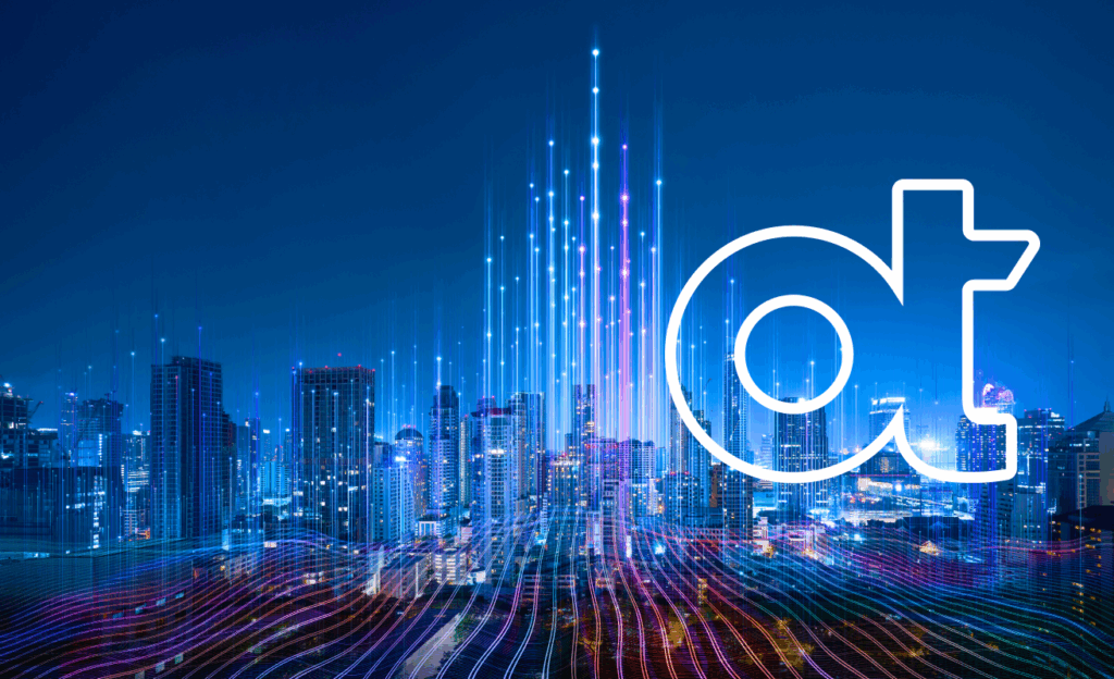 Cityscape with neon lines representing network activity